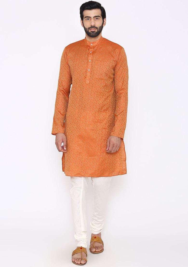Orange Woven Design Silk Blend Kurta Set For Men - Indya