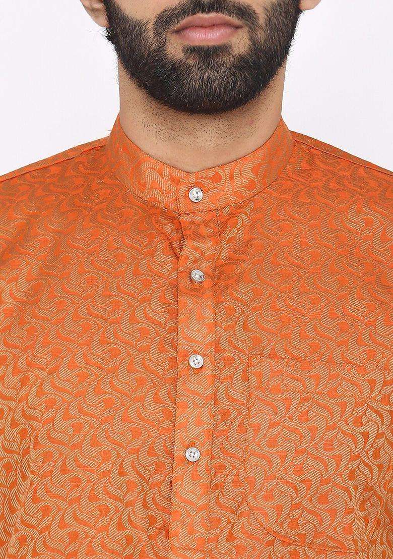 Orange Woven Design Silk Blend Kurta Set For Men - Indya