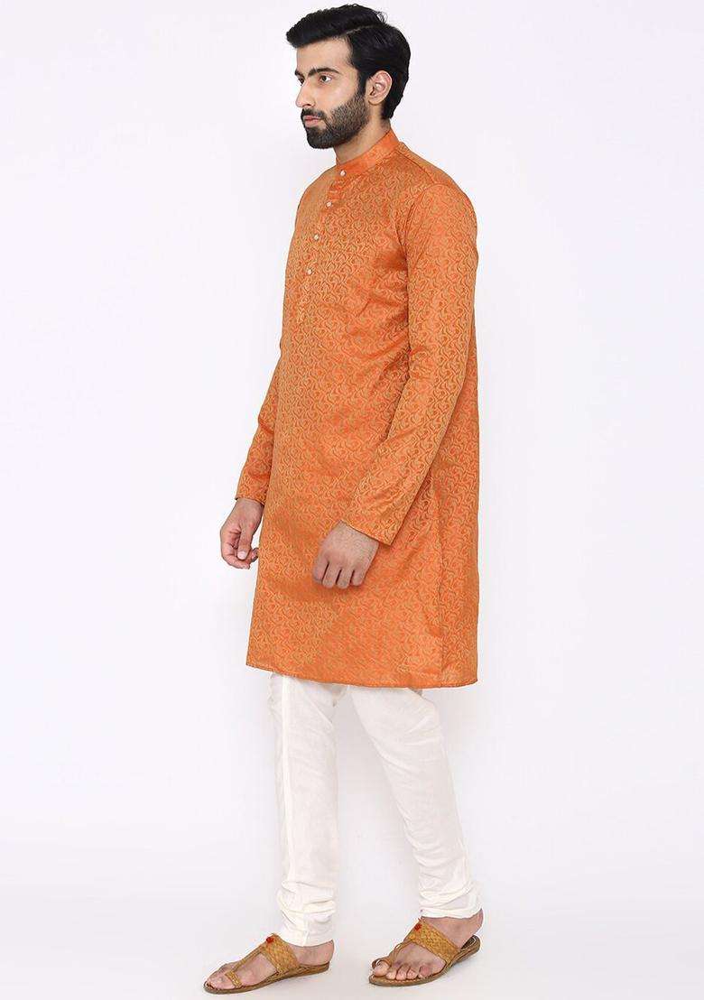 Orange Woven Design Silk Blend Kurta Set For Men - Indya