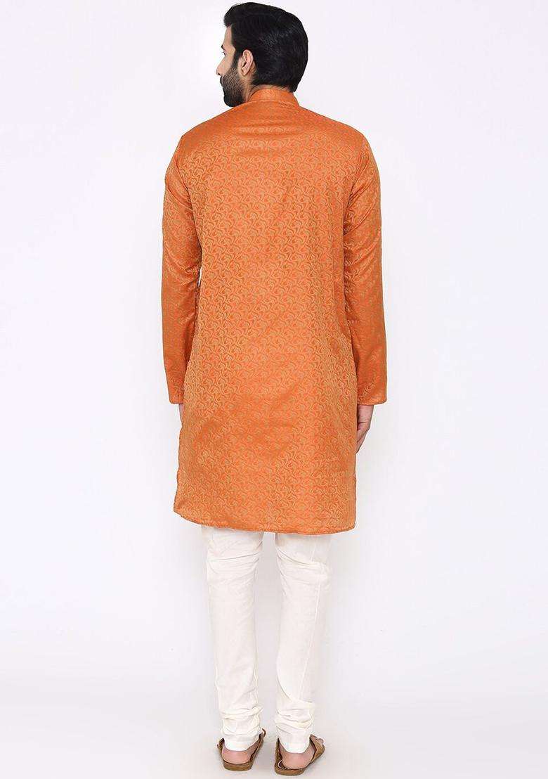 Orange Woven Design Silk Blend Kurta Set For Men - Indya
