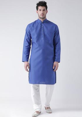 Blue Solid Cotton Kurta Set For Men