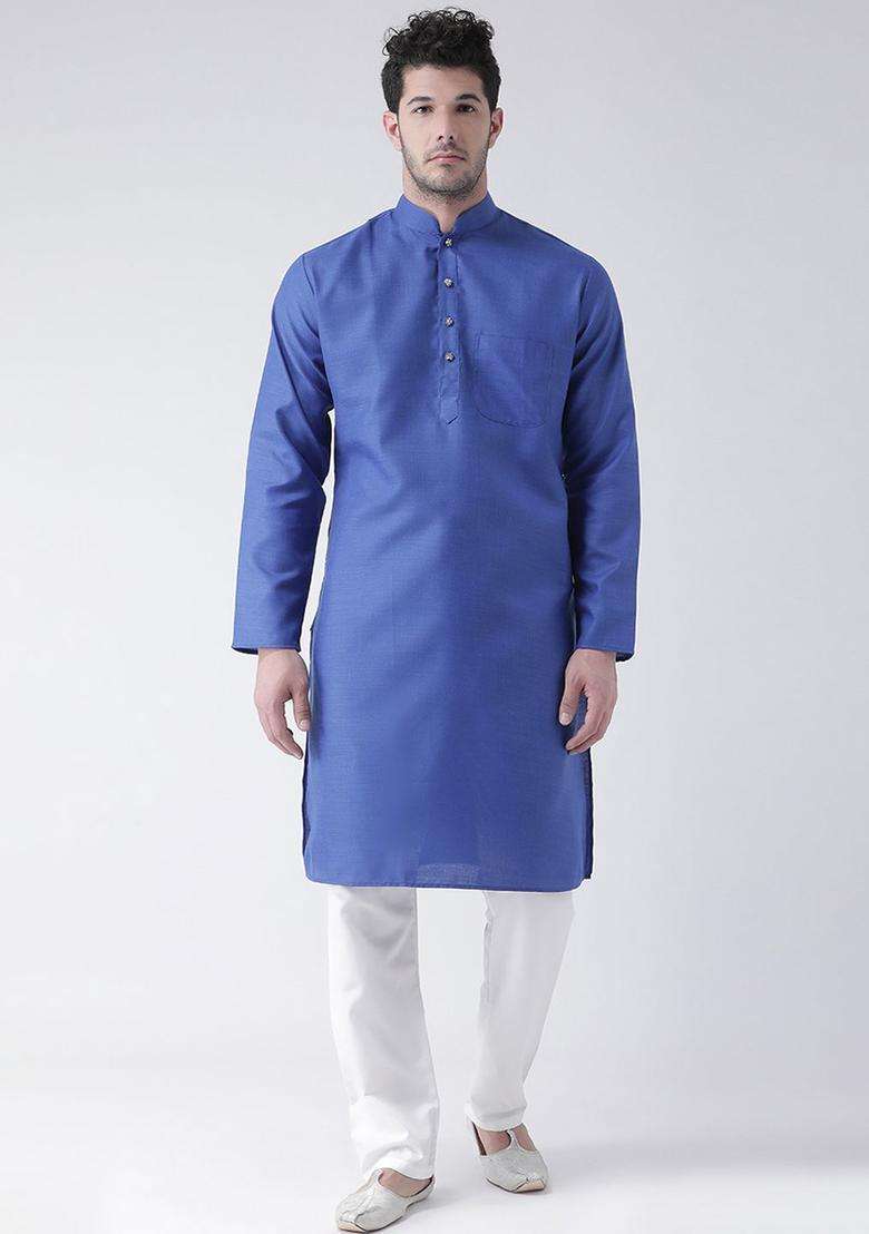 Blue Solid Cotton Kurta Set For Men - Indya