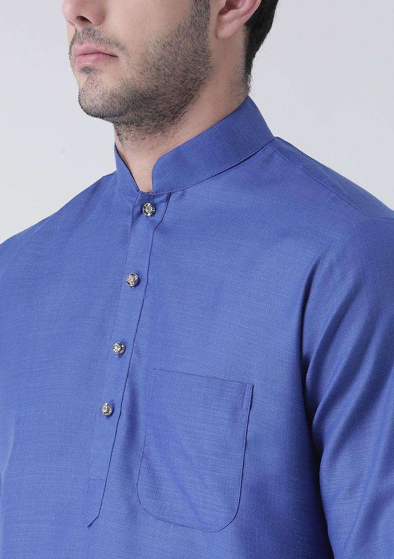 Blue Solid Cotton Kurta Set For Men - Indya