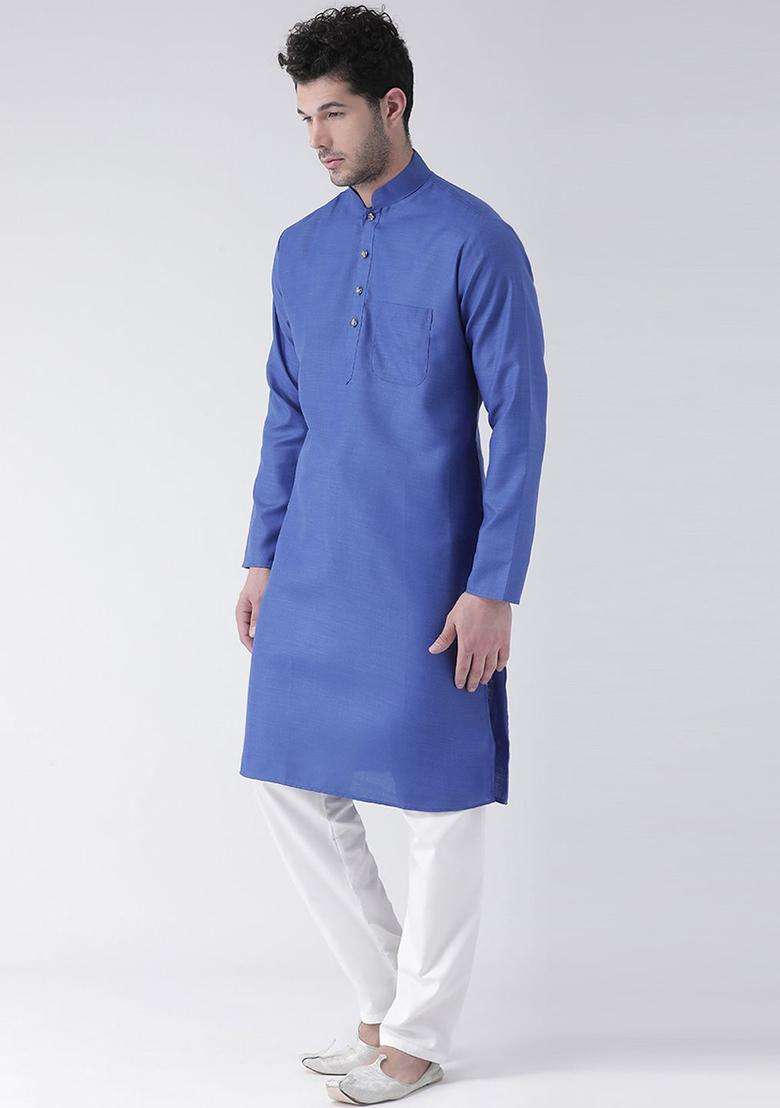 Blue Solid Cotton Kurta Set For Men - Indya