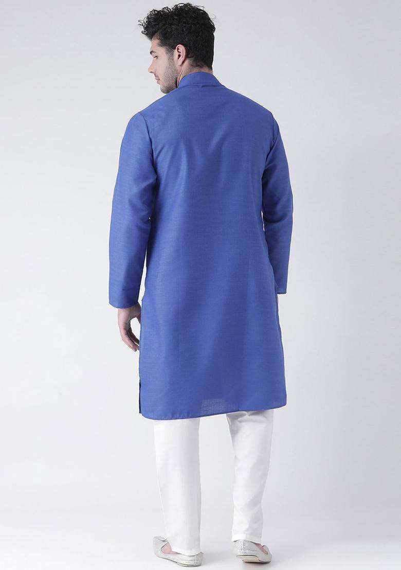 Blue Solid Cotton Kurta Set For Men - Indya