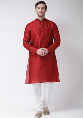 Maroon Self Design Silk Kurta Set For Men