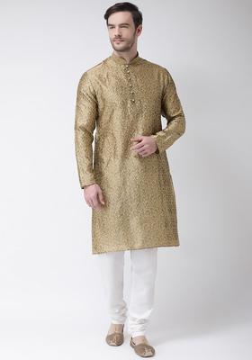 Gold Self Design Silk Kurta Set For Men