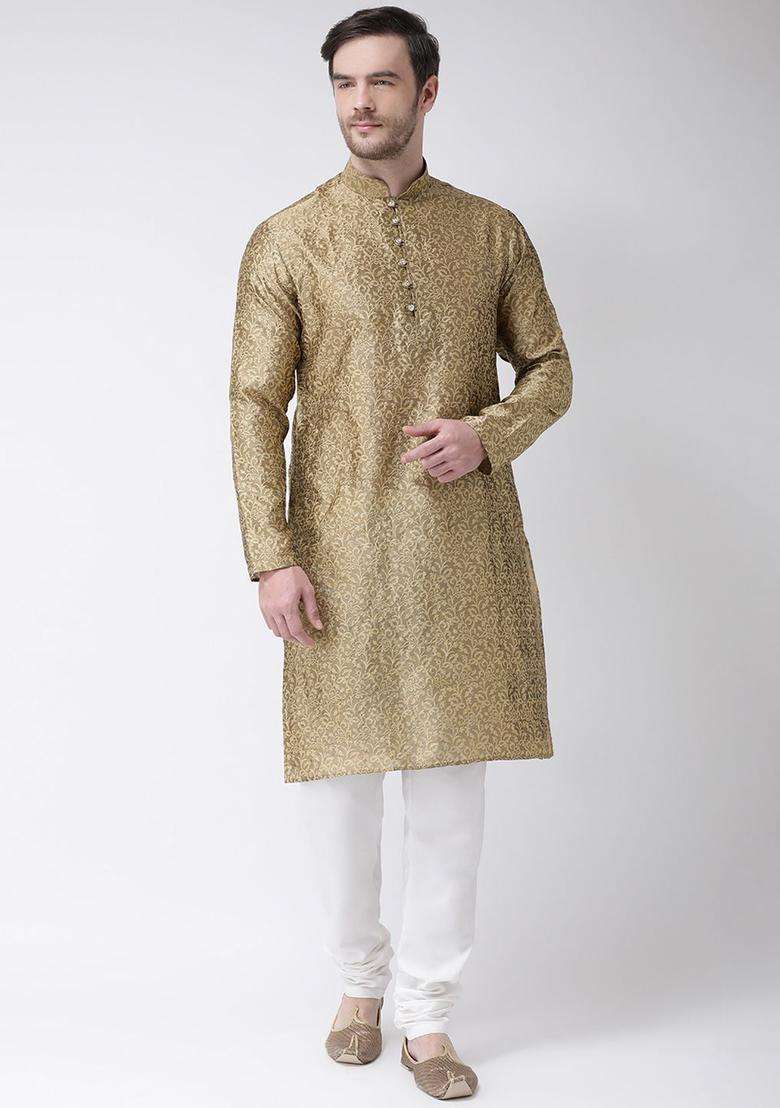 Gold Self Design Silk Blend Kurta Set For Men - Indya