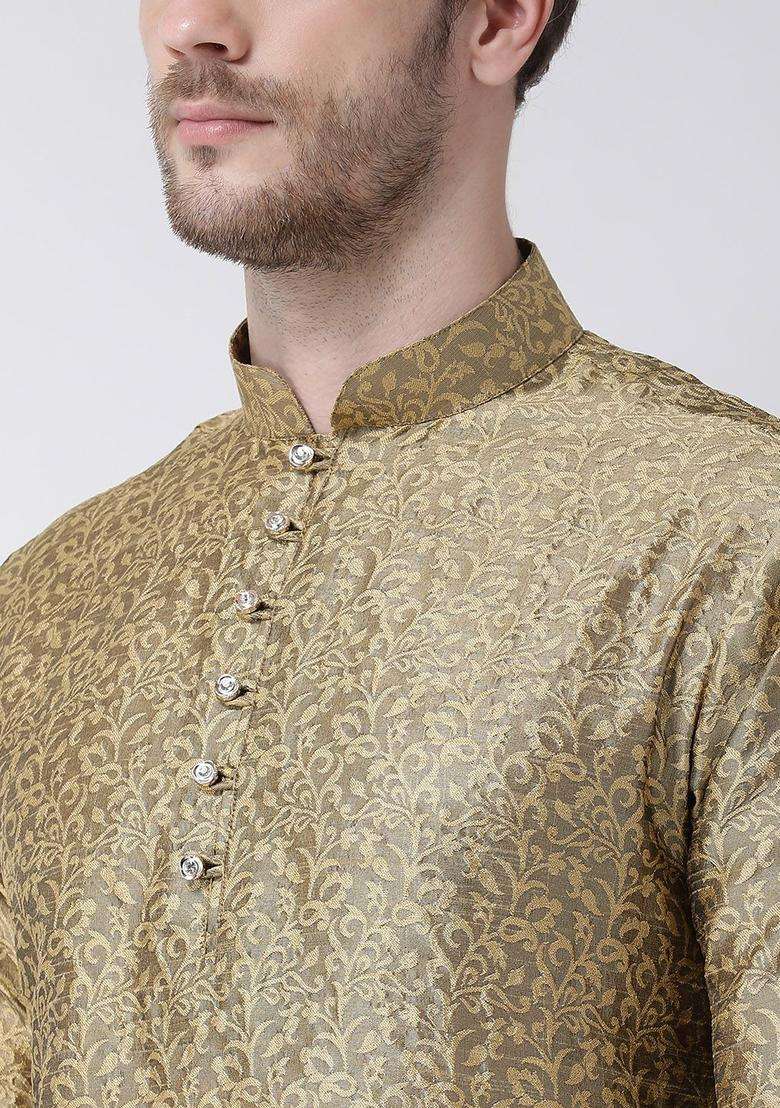Gold Self Design Silk Blend Kurta Set For Men - Indya
