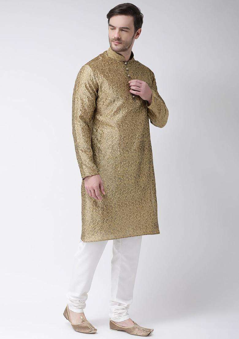 Gold Self Design Silk Blend Kurta Set For Men - Indya