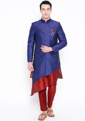 Blue Self Design Silk Kurta Set For Men