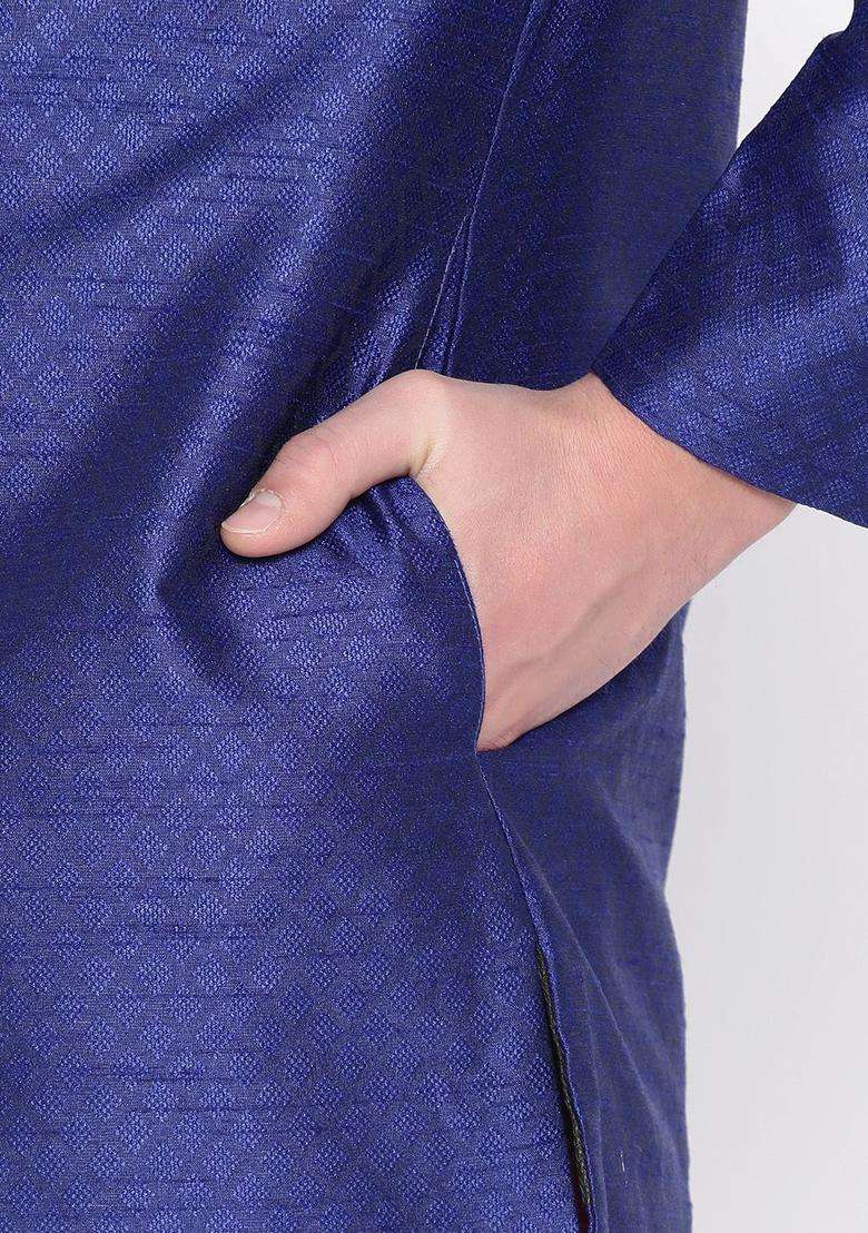 Blue Self Design Silk Blend Kurta Set For Men - Indya