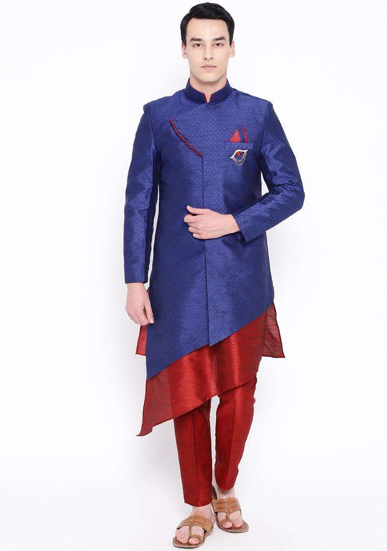 Blue Self Design Silk Blend Kurta Set For Men - Indya