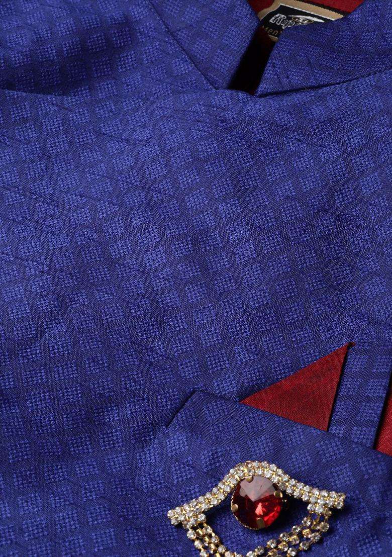 Blue Self Design Silk Blend Kurta Set For Men - Indya