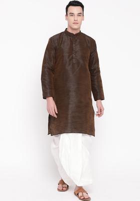 Coffee Brown Self Design Silk Kurta Set For Men