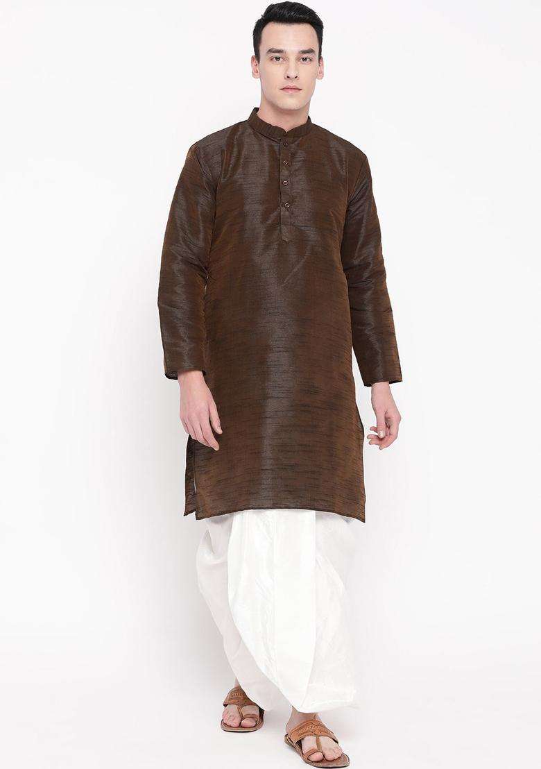 Coffee Brown Self Design Silk Blend Kurta Set For Men - Indya
