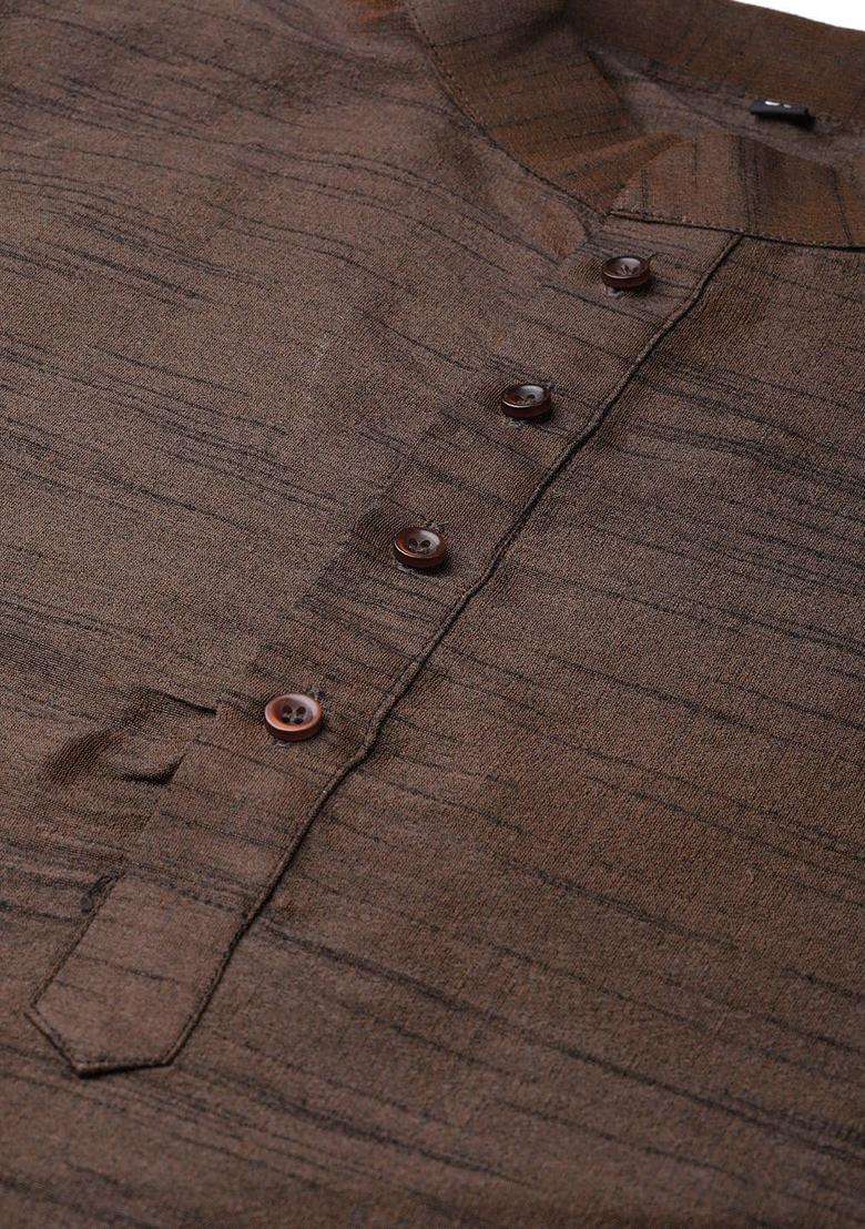Coffee Brown Self Design Silk Blend Kurta Set For Men - Indya