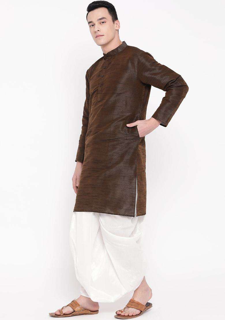 Coffee Brown Self Design Silk Blend Kurta Set For Men - Indya