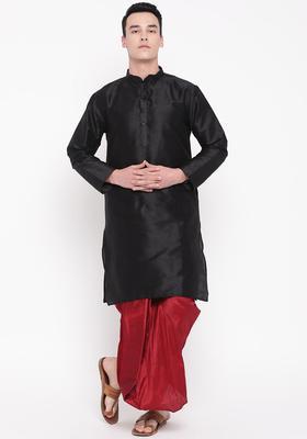 Black Solid Silk Kurta Set For Men