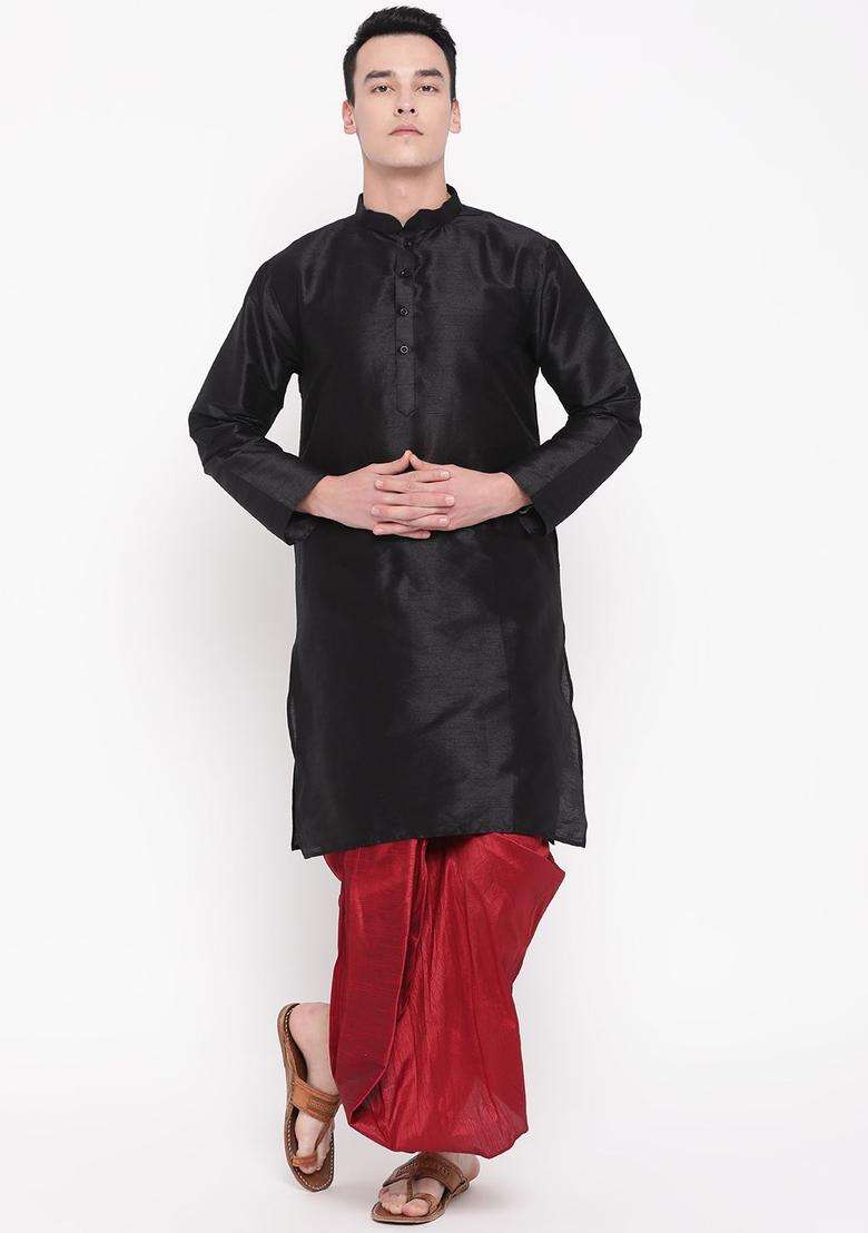 Black Solid Silk Blend Kurta Set For Men - Indya