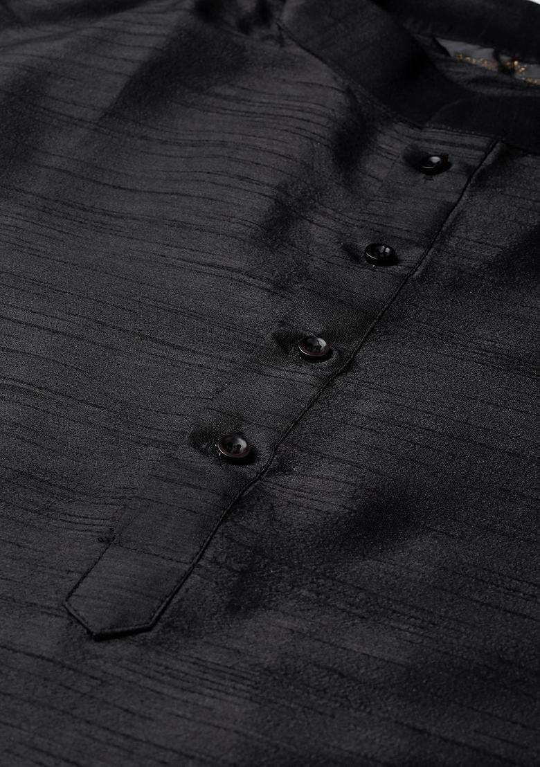 Black Solid Silk Blend Kurta Set For Men - Indya