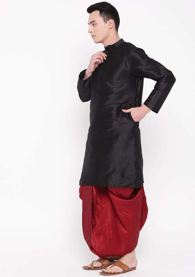 Black Solid Silk Blend Kurta Set For Men - Indya