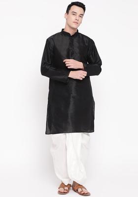 Black Solid Silk Kurta Set For Men