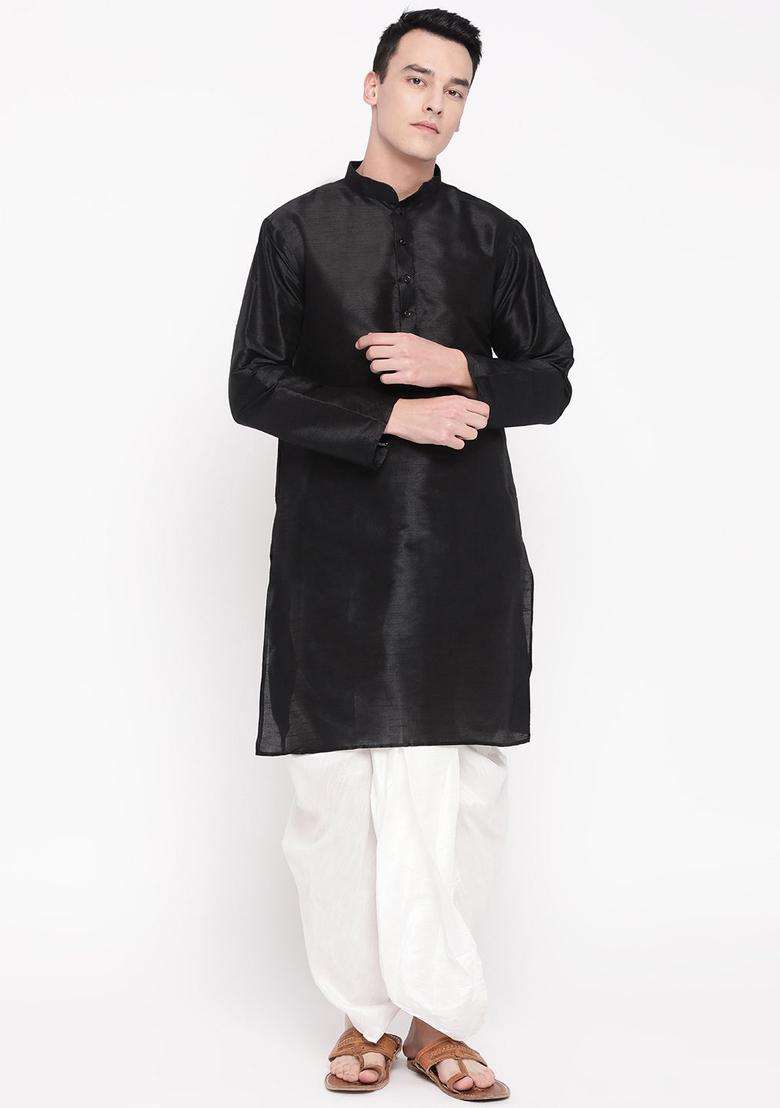 Black Solid Silk Blend Kurta Set For Men - Indya