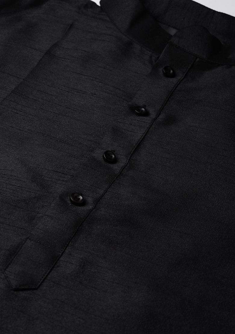 Black Solid Silk Blend Kurta Set For Men - Indya
