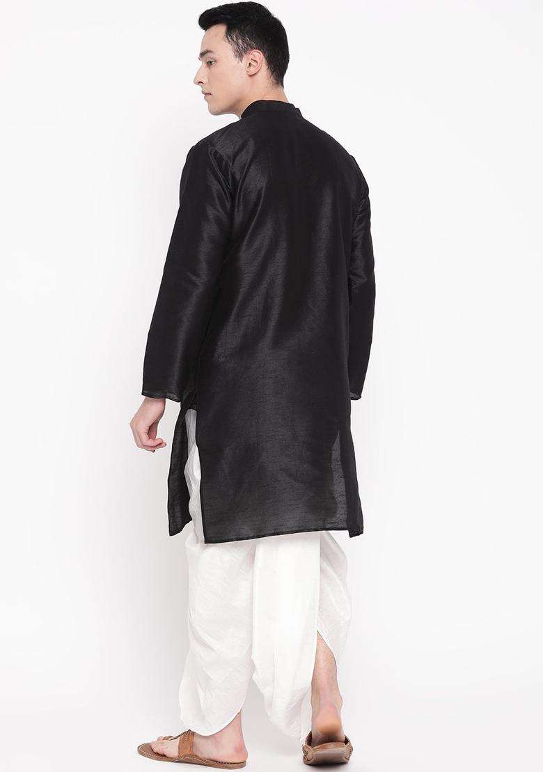 Black Solid Silk Blend Kurta Set For Men - Indya