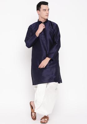 Navy Blue Solid Silk Kurta Set For Men