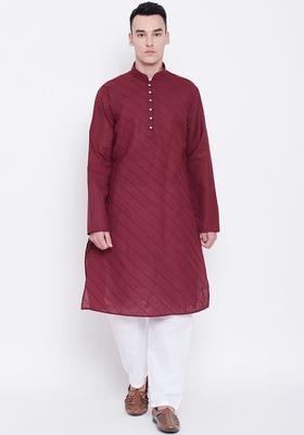 Maroon Solid Cotton Kurta Set For Men