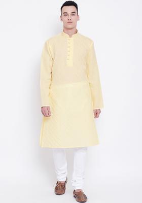 Yellow Solid Cotton Kurta Set For Men