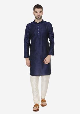 Navy Blue Self Design Silk Kurta Set For Men