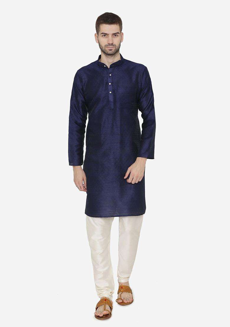 Navy Blue Self Design Silk Blend Kurta Set For Men - Indya