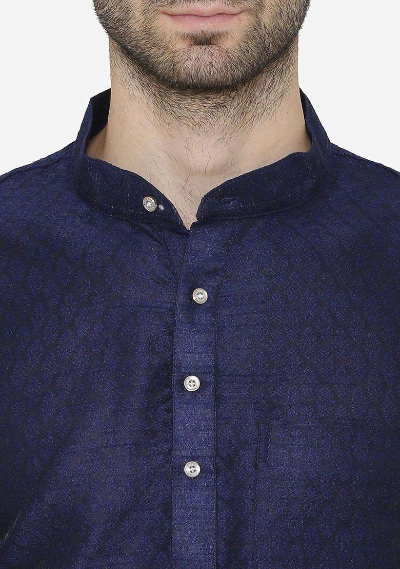 Navy Blue Self Design Silk Blend Kurta Set For Men - Indya