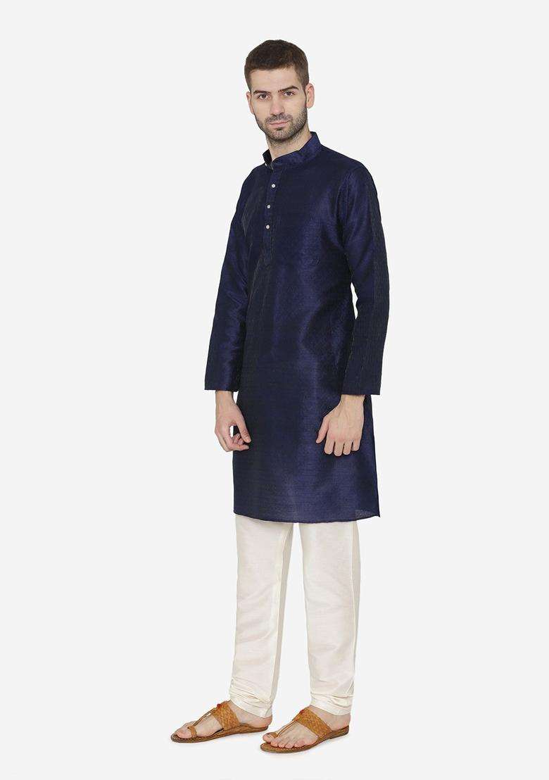Navy Blue Self Design Silk Blend Kurta Set For Men - Indya