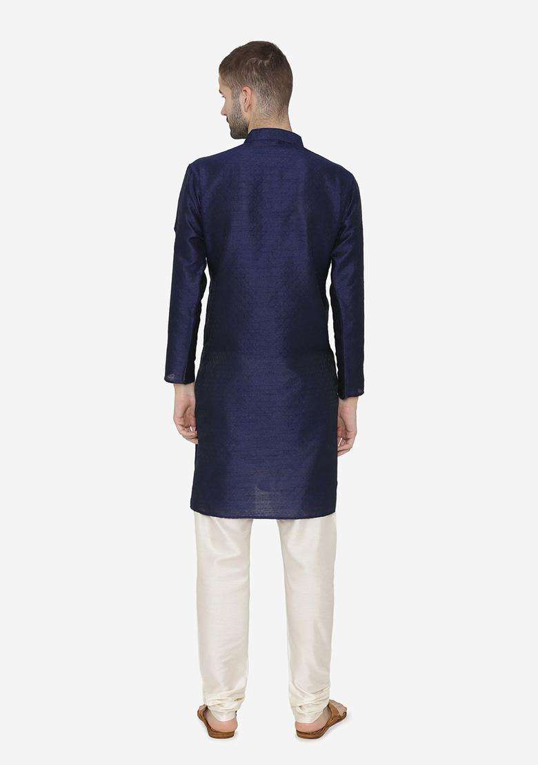 Navy Blue Self Design Silk Blend Kurta Set For Men - Indya