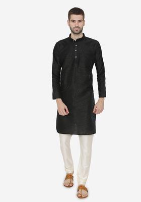 Black Self Design Silk Kurta Set For Men