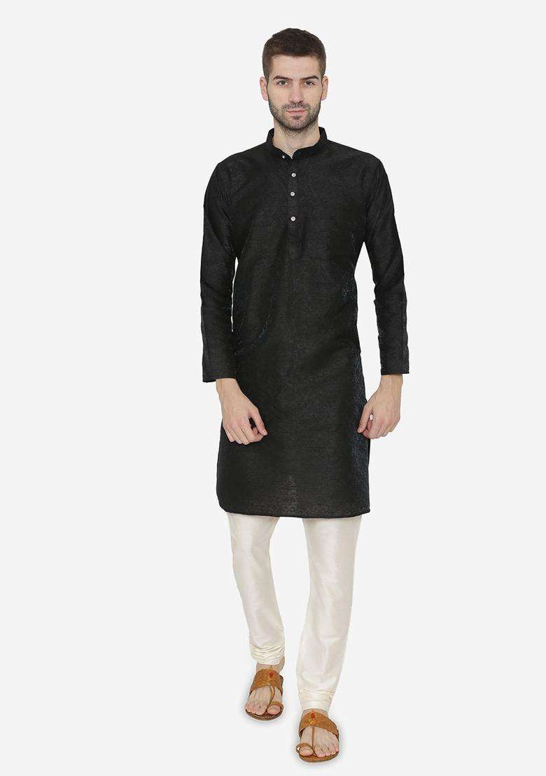 Black Self Design Silk Blend Kurta Set For Men - Indya