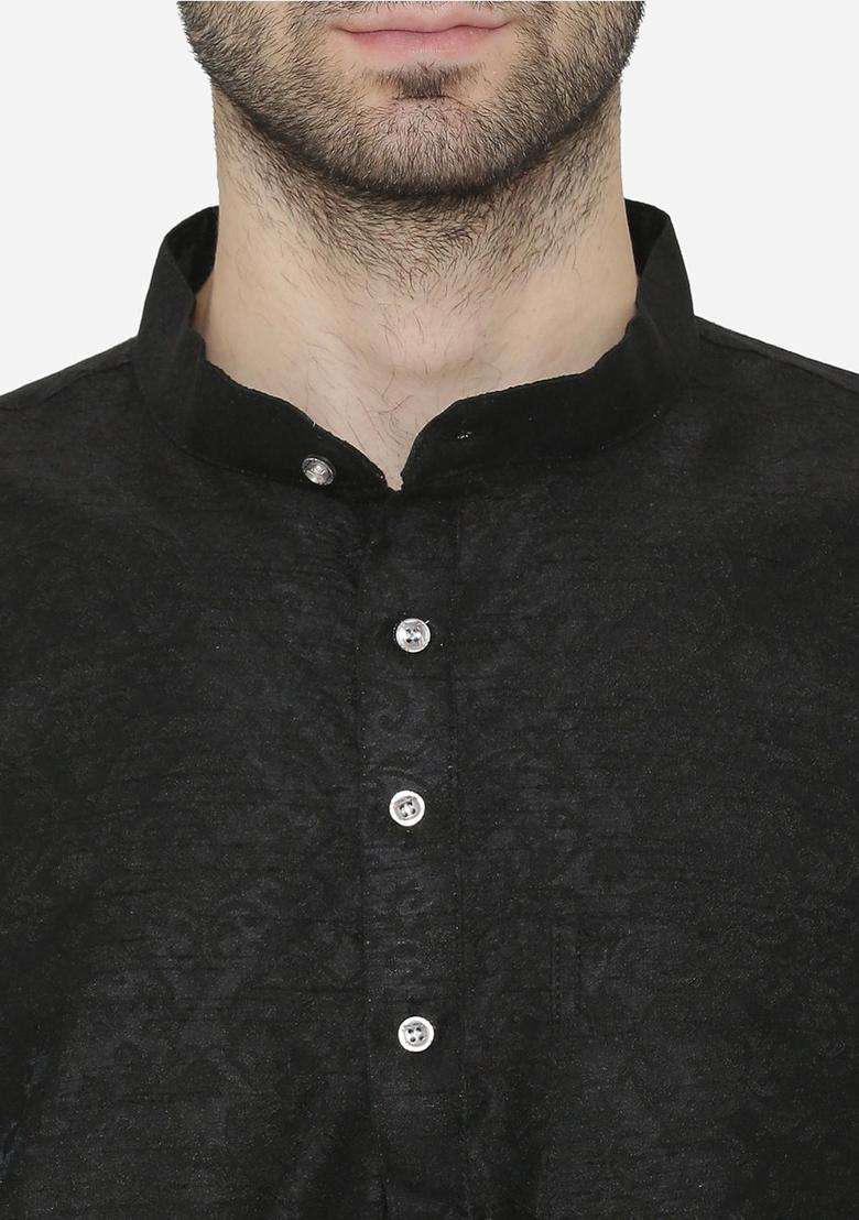 Black Self Design Silk Blend Kurta Set For Men - Indya