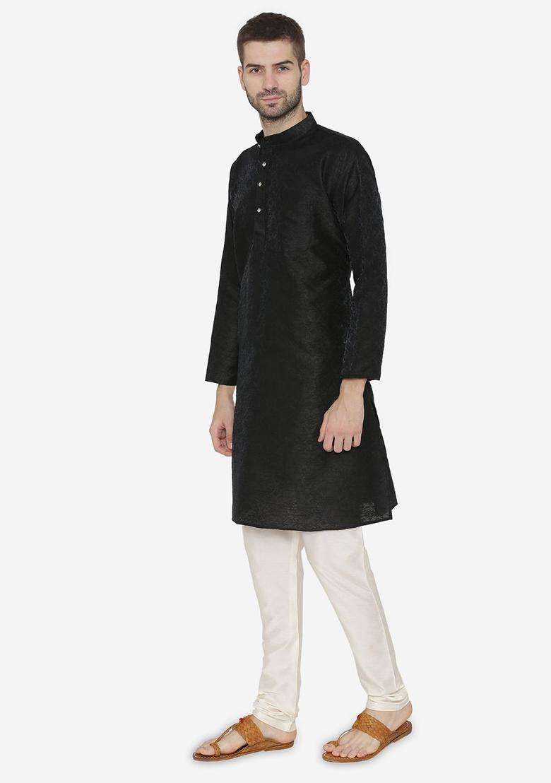 Black Self Design Silk Blend Kurta Set For Men - Indya