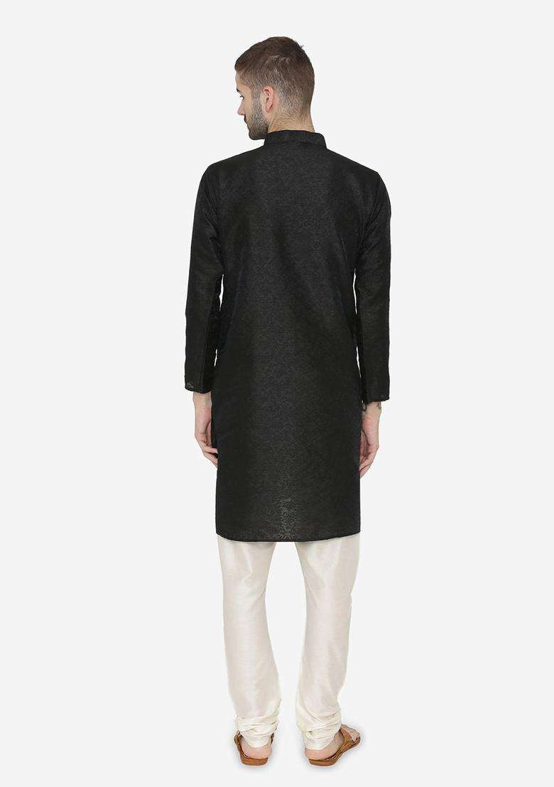 Black Self Design Silk Blend Kurta Set For Men - Indya