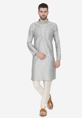 Grey Self Design Silk Kurta Set For Men