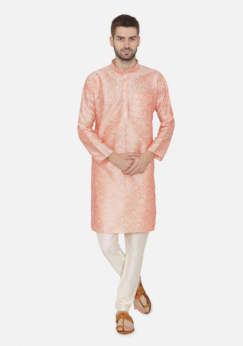 Peach Self Design Silk Blend Kurta Set For Men - Indya
