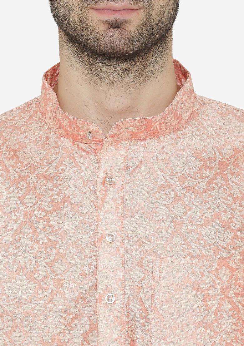 Peach Self Design Silk Blend Kurta Set For Men - Indya