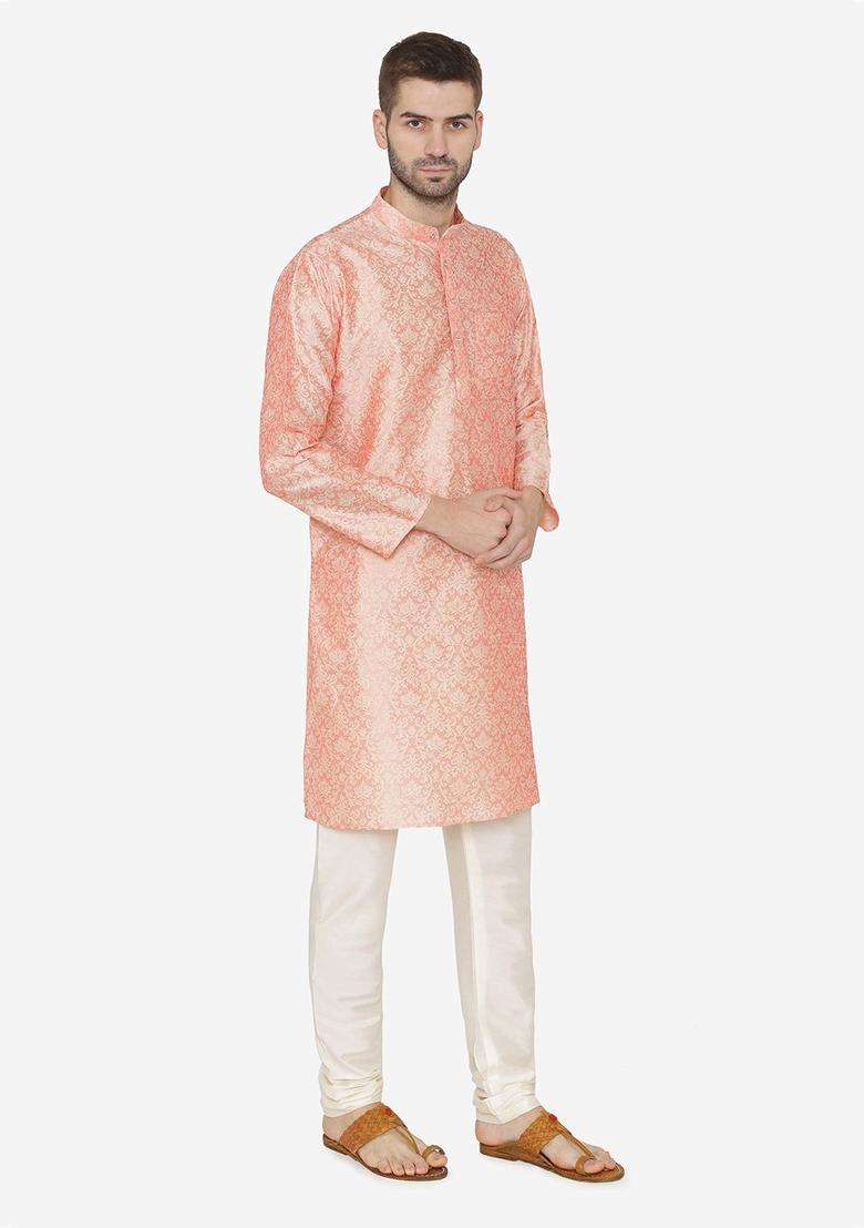 Peach Self Design Silk Blend Kurta Set For Men - Indya
