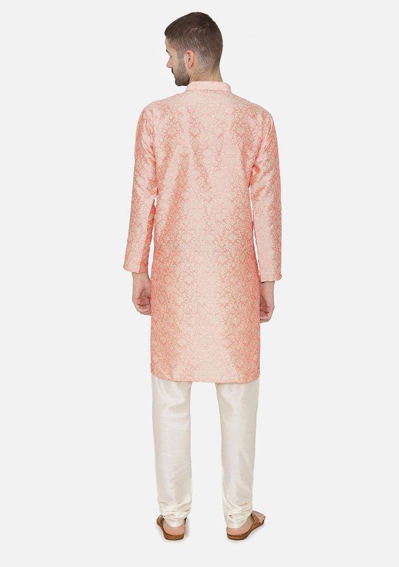Peach Self Design Silk Blend Kurta Set For Men - Indya