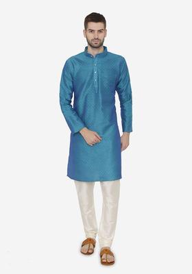 Blue Self Design Silk Kurta Set For Men