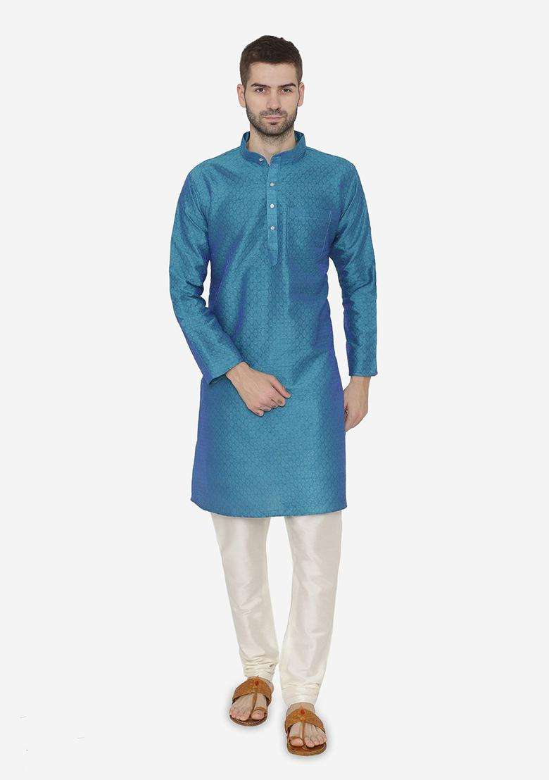 Blue Self Design Silk Blend Kurta Set For Men - Indya